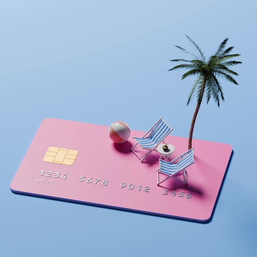 A credit card styled mat with a miniature beach setup, including a palm tree, striped chairs, and a beach ball.