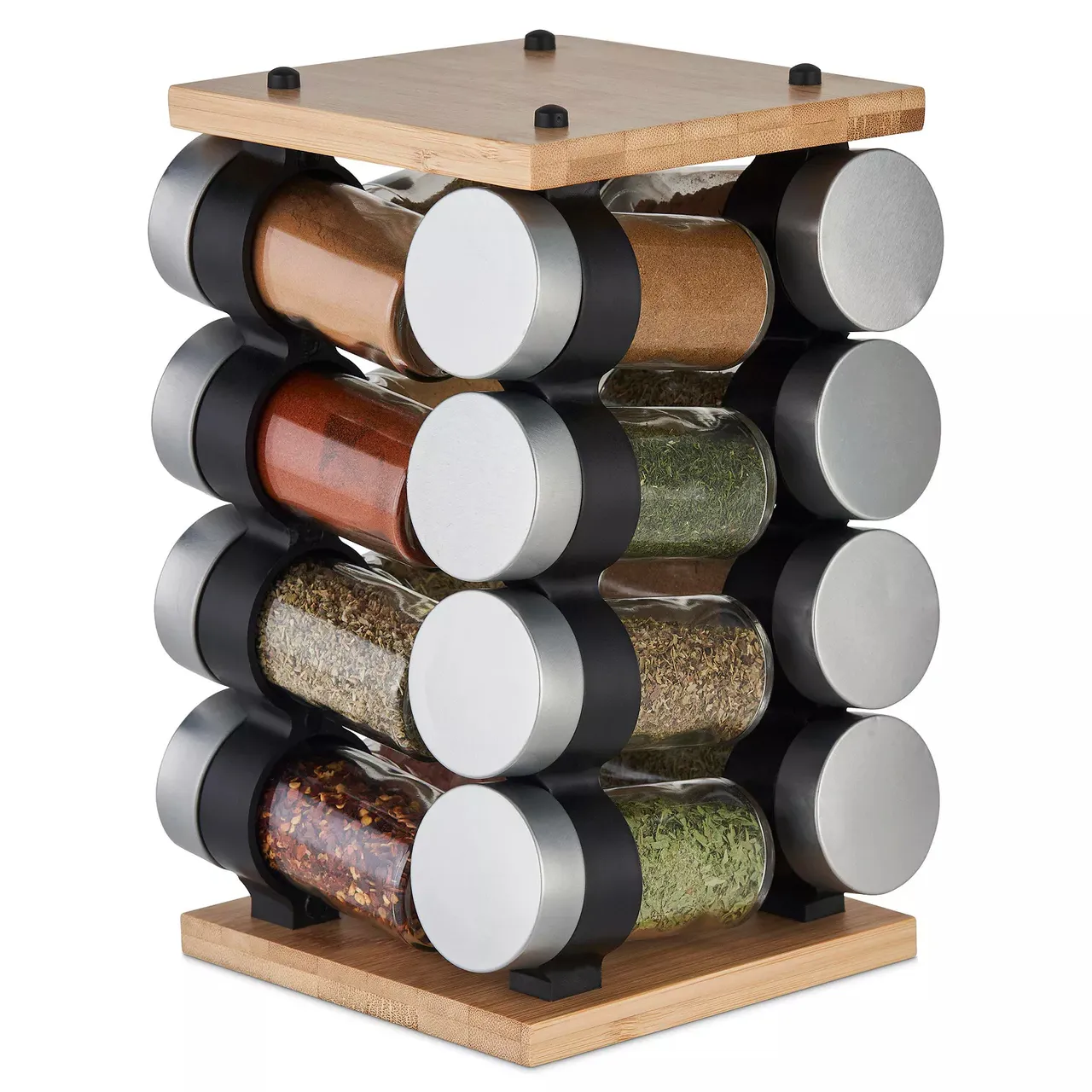 A rotating spice rack with 12 glass jars, featuring a bamboo base and silver lids.