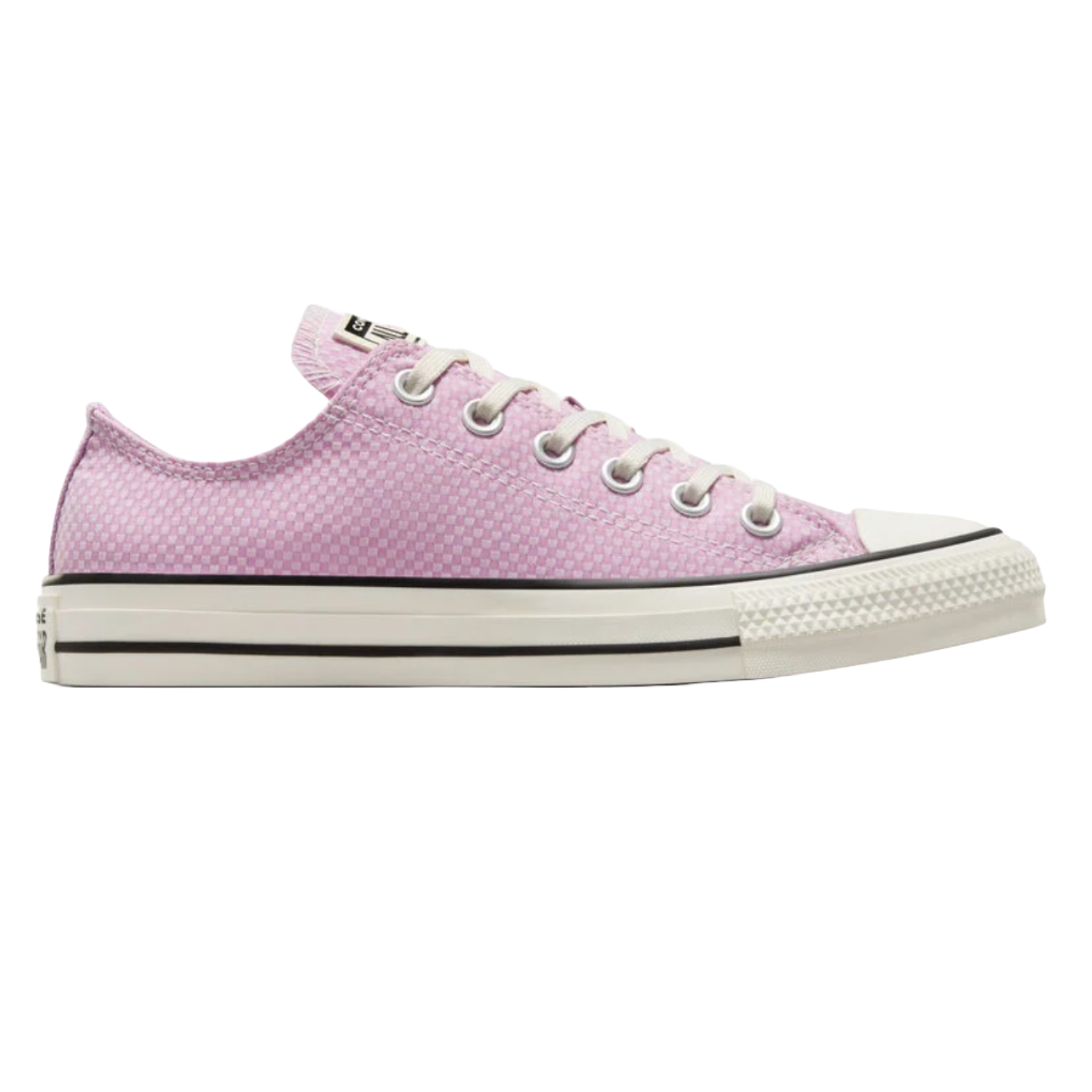Low-top Converse Chuck Taylor sneakers featuring a pink and white checkered pattern with classic white toe cap, laces, and rubber sole.