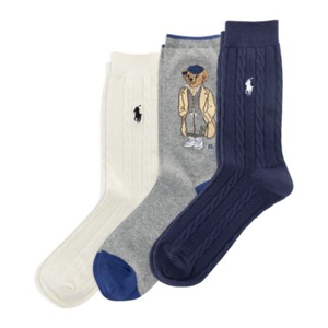 Three pairs of socks featuring a bear graphic and embroidered logos in white, grey, and navy colors.