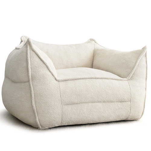 A 43-inch boucle bean bag chair with a thick, cozy texture, featuring a boxy shape and raised armrests for a comfortable and relaxed seating experience. The light color and plush design add a modern touch to any space.