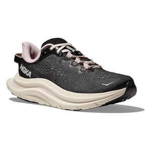 Black and beige Hoka Women's Kawana 2 shoes featuring breathable mesh upper, cushioned midsole, supportive lace-up design, and distinctive Hoka branding on the side.