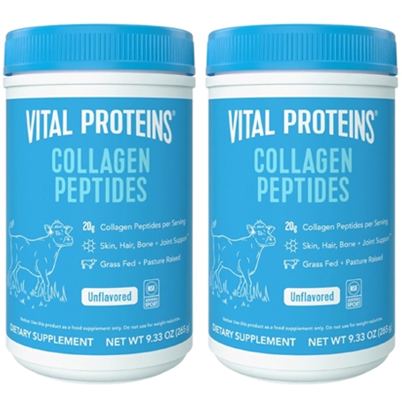 2-pack of Vital Proteins Collagen Peptides, unflavored, 9.33 oz each. Supports skin, hair, bone, and joint health, made from grass-fed, pasture-raised sources, with 20g of collagen peptides per serving.