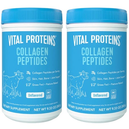 2-pack of Vital Proteins Collagen Peptides, unflavored, 9.33 oz each. Supports skin, hair, bone, and joint health, made from grass-fed, pasture-raised sources, with 20g of collagen peptides per serving.