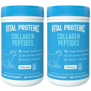2-pack of Vital Proteins Collagen Peptides, unflavored, 9.33 oz each. Supports skin, hair, bone, and joint health, made from grass-fed, pasture-raised sources, with 20g of collagen peptides per serving.