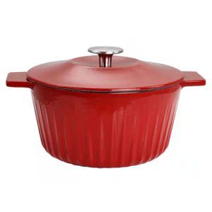 A red enameled cast iron Dutch oven with a lid.