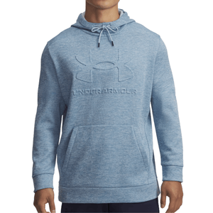 Light blue Under Armour hoodie with embroidered logo and front pouch pocket.