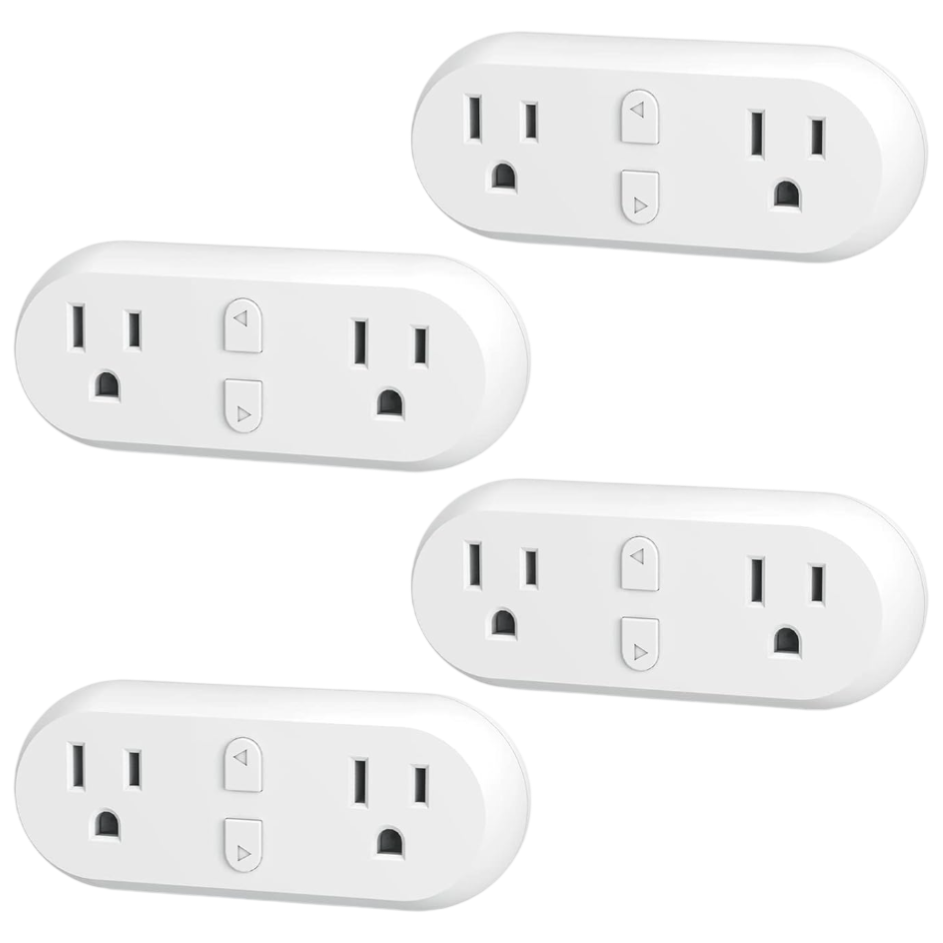 A set of four white smart plug outlets, each with two sockets and two buttons, designed for remote control and scheduling of electronic devices.