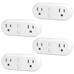 A set of four white smart plug outlets, each with two sockets and two buttons, designed for remote control and scheduling of electronic devices.