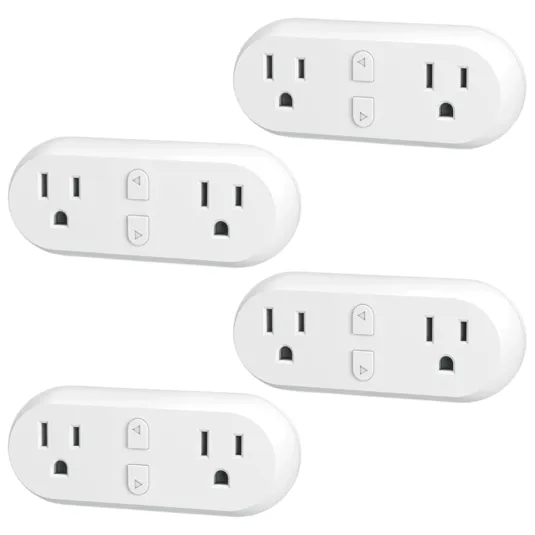 A set of four white smart plug outlets, each with two sockets and two buttons, designed for remote control and scheduling of electronic devices.
