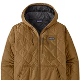 Brown quilted hooded jacket with a zip closure, featuring a chest pocket and branded logo patch.