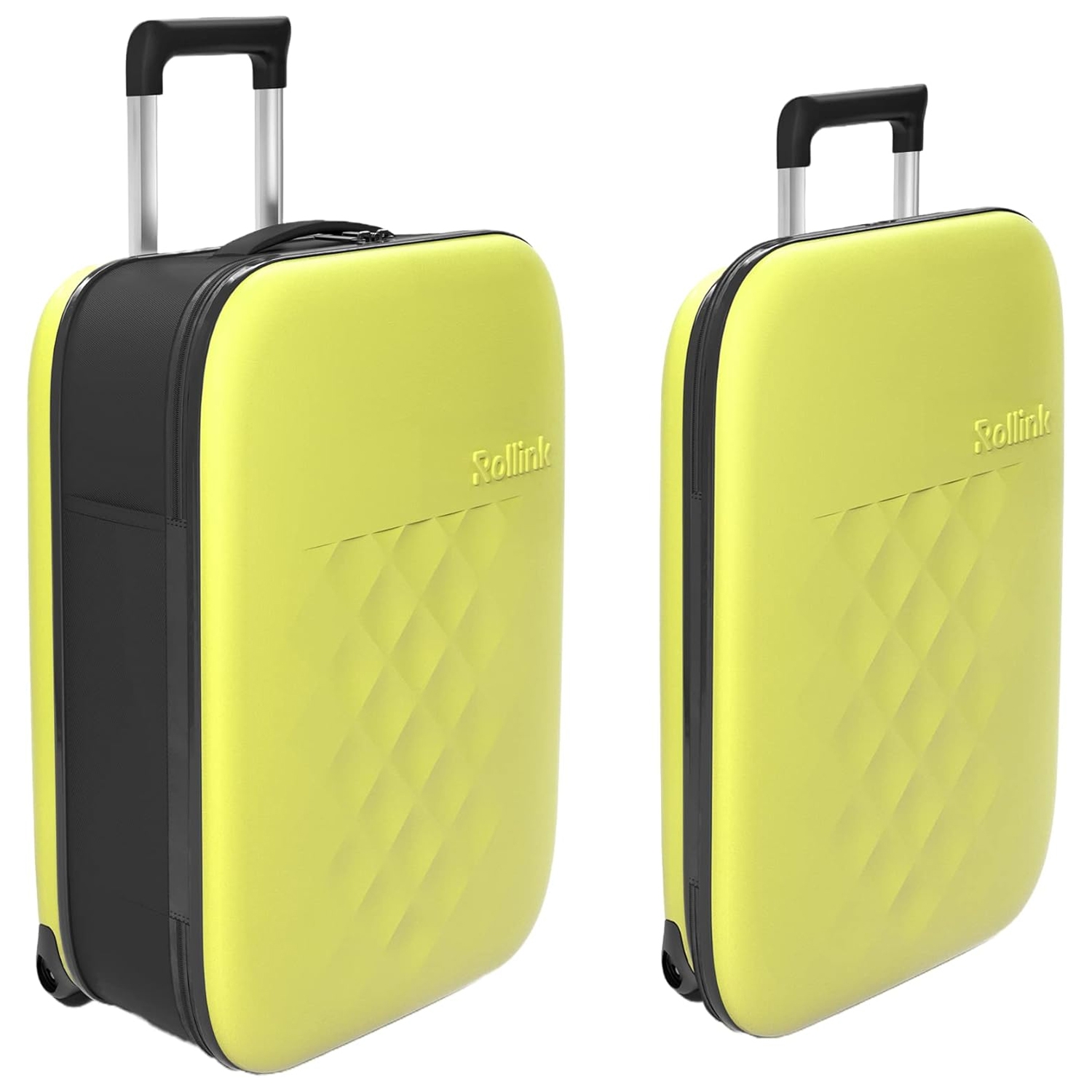 Yellow and black suitcase by Rollink, featuring a slim, collapsible design with a diamond pattern on the front and extendable handle for easy transport.