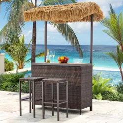 Outdoor tiki bar set with a thatched roof, two bar stools, and a wicker-style design, set against a tropical ocean backdrop. Includes a fruit bowl, wine bottle, and glasses on the countertop.