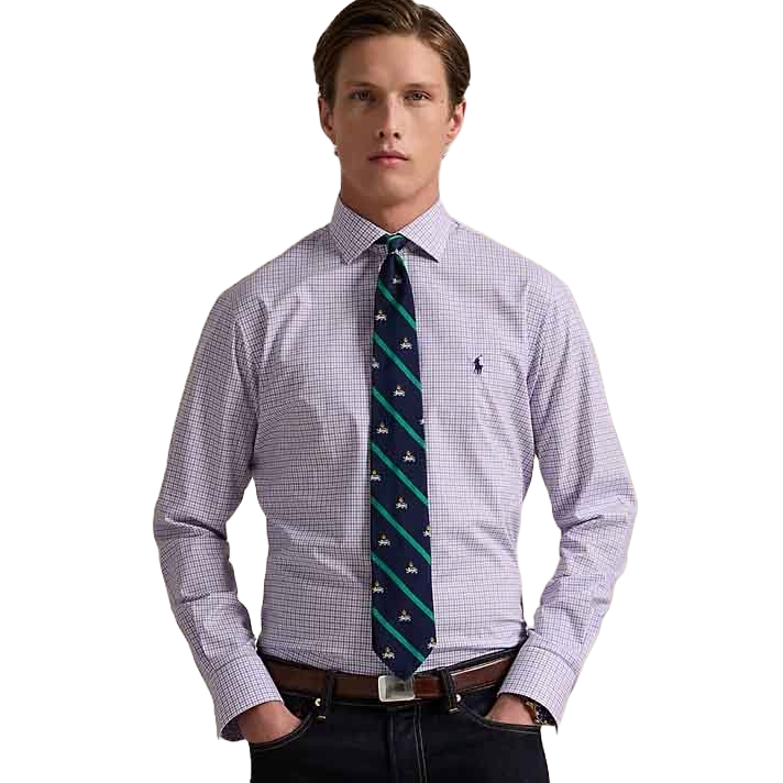 A man is wearing a checkered dress shirt with a logo on the chest, paired with a patterned tie.