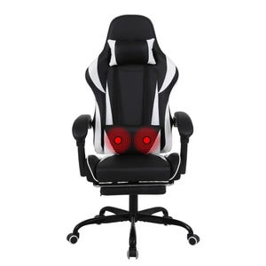 Gaming chair with lumbar support, massage function, high back design, retractable footrest, and adjustable armrests.