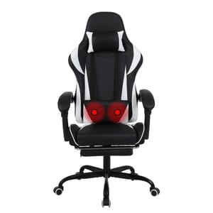 Gaming chair with lumbar support, massage function, high back design, retractable footrest, and adjustable armrests.