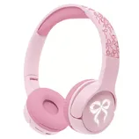 Pink over-ear headphones with a ribbon design on the headband and a glowing bow icon on the ear cup.