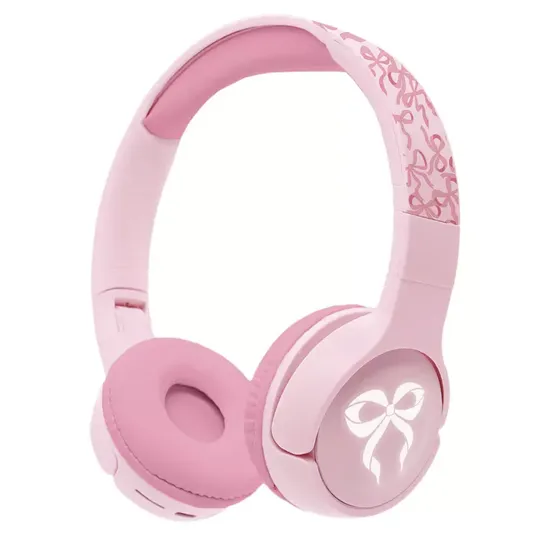 Pink over-ear headphones with a ribbon design on the headband and a glowing bow icon on the ear cup.