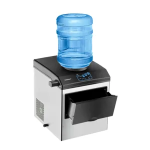 Countertop ice maker with a water dispenser featuring a blue water jug on top, a touch control panel, and a stainless steel body.