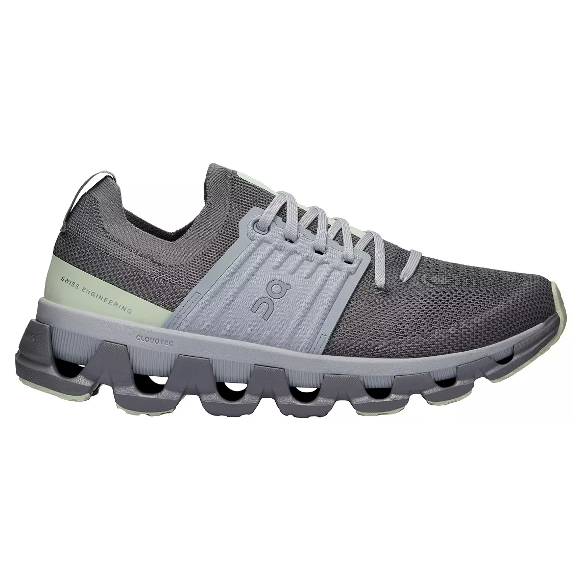 On Women's Cloudswift 3 Shoes are lightweight, grey running shoes featuring CloudTec cushioning for comfort and a breathable mesh upper. They offer a sleek design with adaptive support ideal for urban runners.