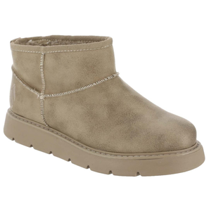 A tan ankle boot with a round toe, visible stitching, and a textured flat sole.