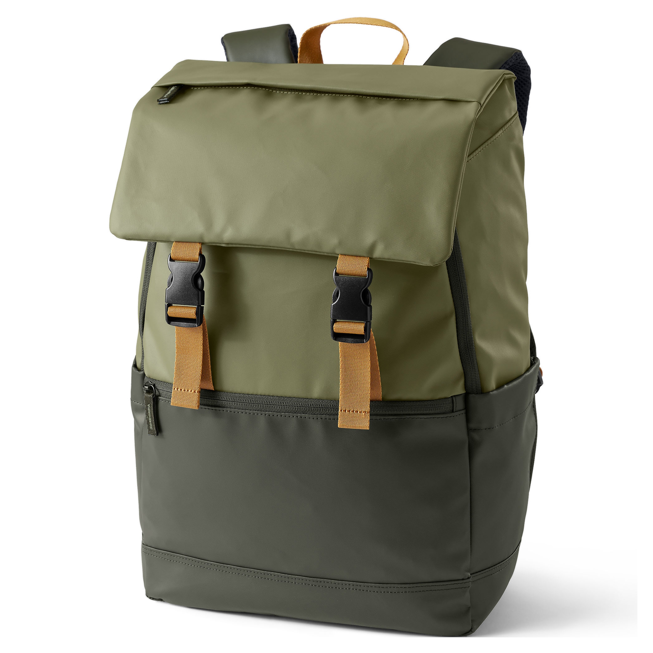 A green and tan roll-top backpack with buckle closures and a front zipper pocket.