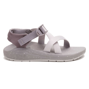 A gray sandal with criss-cross straps, adjustable ankle strap, and speckled sole. Logo visible on the side.