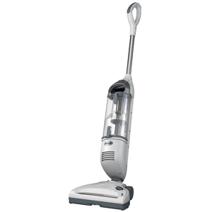 An upright vacuum cleaner with a transparent dust container and ergonomic handle, designed for household cleaning.