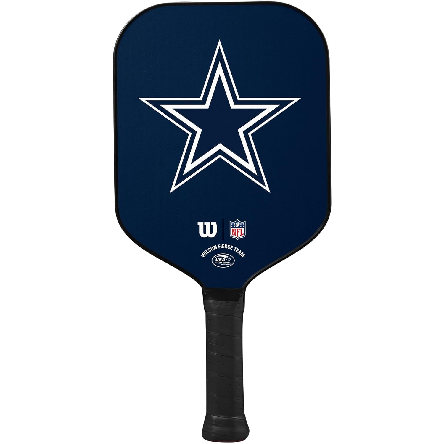 A pickleball paddle with a blue surface featuring a star design, Wilson, and NFL logos.