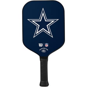 A pickleball paddle with a blue surface featuring a star design, Wilson, and NFL logos.