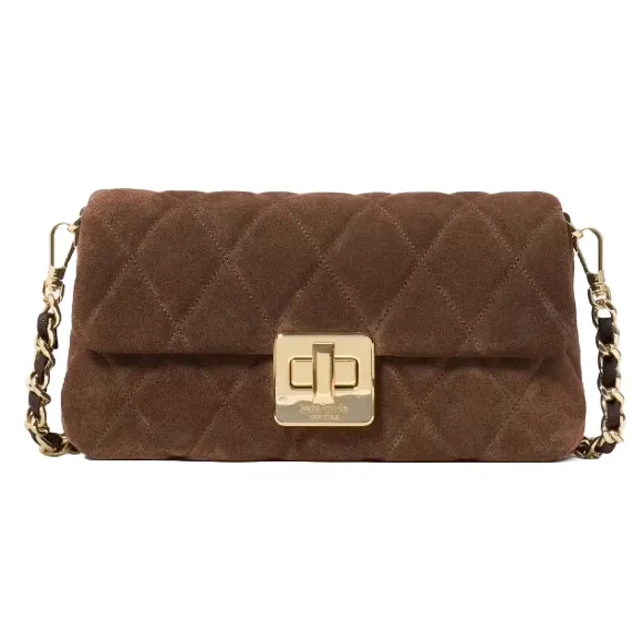 A brown quilted handbag with a gold chain strap and a rectangle-shaped gold turn-lock closure.