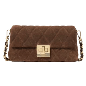 A brown quilted handbag with a gold chain strap and a rectangle-shaped gold turn-lock closure.