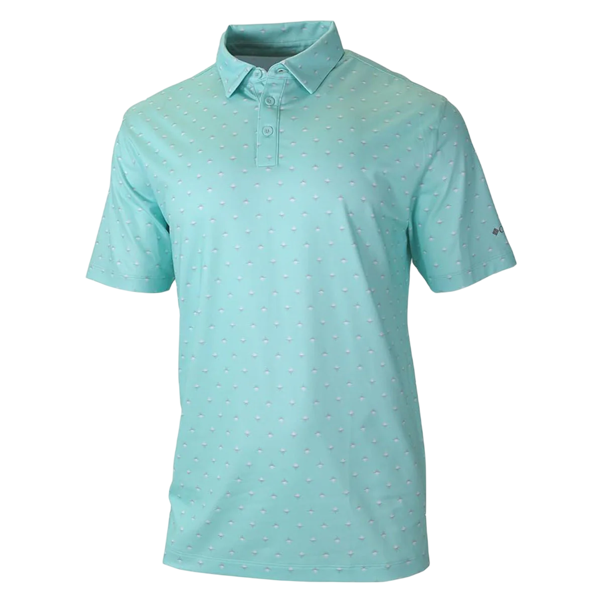 A light blue polo shirt featuring a small white dot pattern, short sleeves, and a classic button-up collar design.