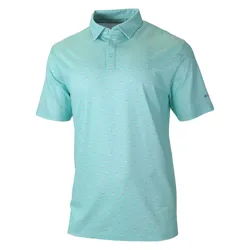 A light blue polo shirt featuring a small white dot pattern, short sleeves, and a classic button-up collar design.