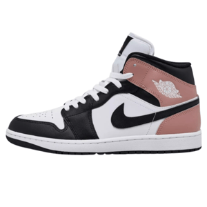 Air Jordan 1 Mid sneakers in black, white, and pink color scheme featuring the Nike swoosh and Air Jordan wings logo.