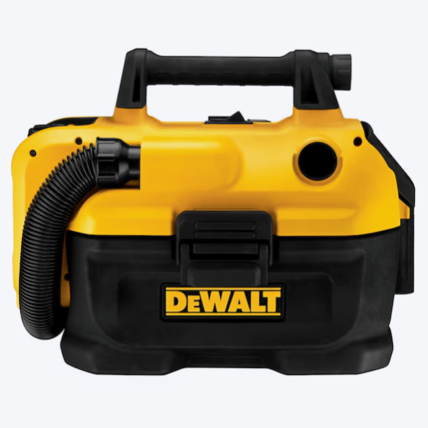 A DeWalt portable wet/dry shop vacuum with a yellow and black design, featuring a flexible hose attached to the side and a sturdy handle on top.