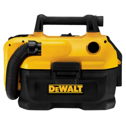 A DeWalt portable wet/dry shop vacuum with a yellow and black design, featuring a flexible hose attached to the side and a sturdy handle on top.