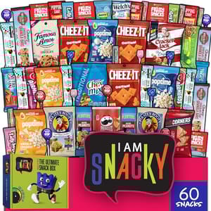 Snack variety box with 60 items including Cheez-It, Popcorn, Famous Amos cookies, Cracker Jack, Chex Mix, and Planters peanuts.