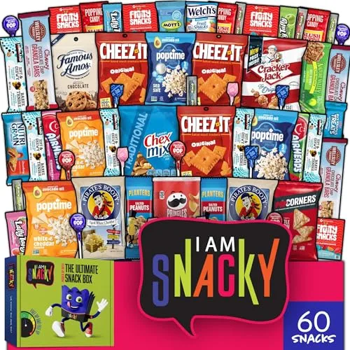 Snack variety box with 60 items including Cheez-It, Popcorn, Famous Amos cookies, Cracker Jack, Chex Mix, and Planters peanuts.