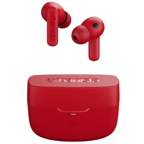 Red Urbanista wireless earbuds with a charging case.
