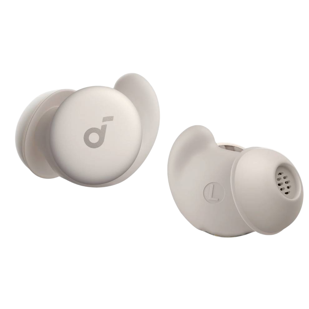 Wireless earbuds with a soft beige color, featuring one with a \“d\“ logo and the other showing an \“L\“ for left designation.