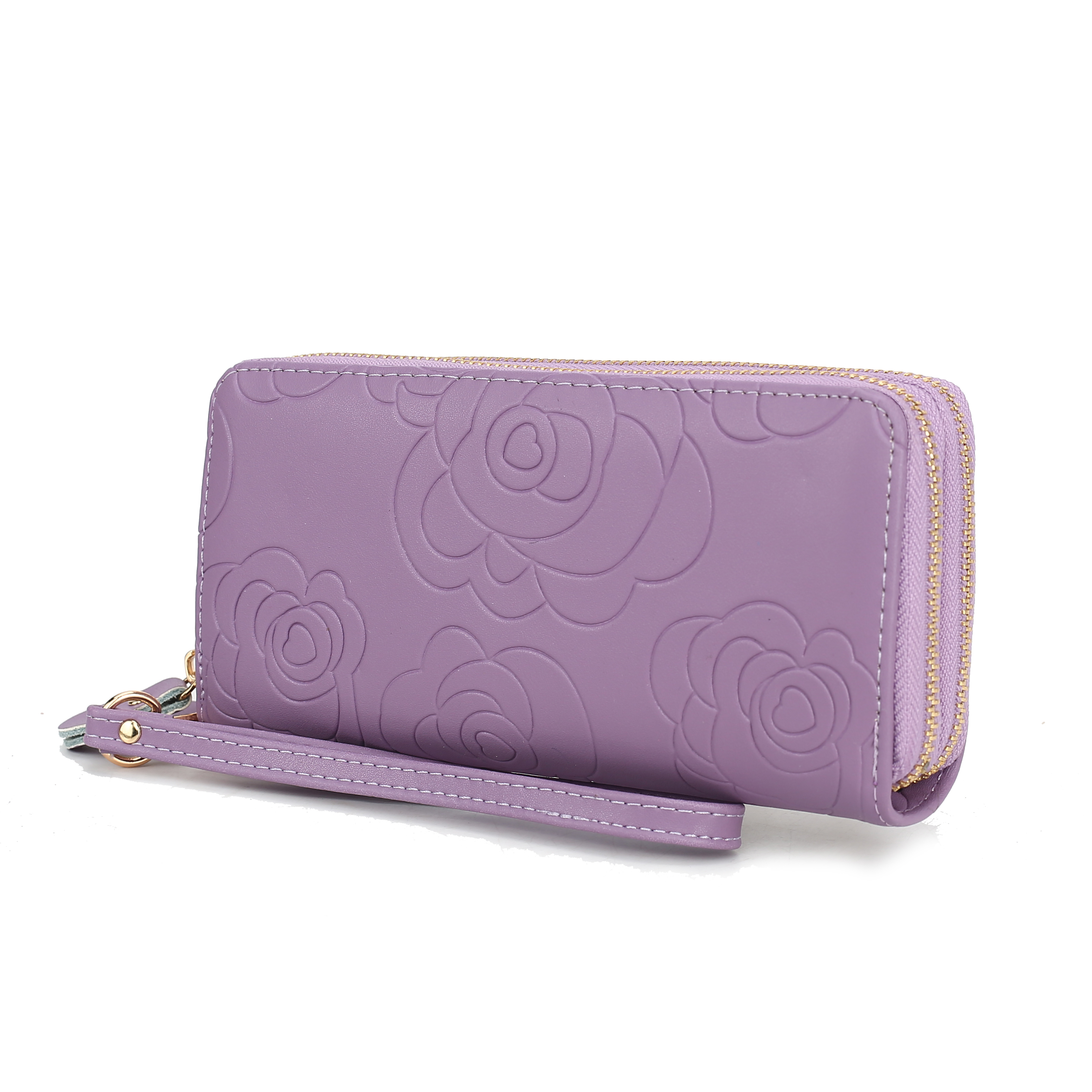 A purple wallet with an embossed floral design and a zipper closure.