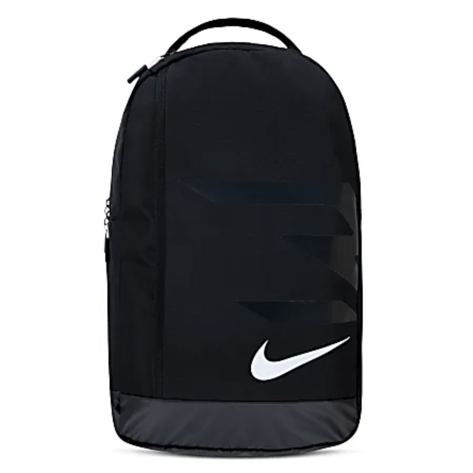 Black backpack with a white Nike logo, featuring a sleek, minimalistic design and a single top handle.