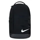Black backpack with a white Nike logo, featuring a sleek, minimalistic design and a single top handle.