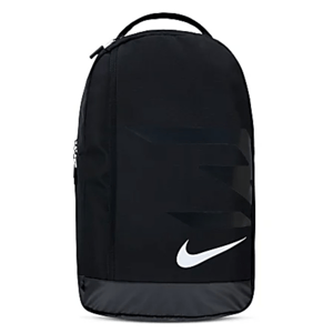 Black backpack with a white Nike logo, featuring a sleek, minimalistic design and a single top handle.
