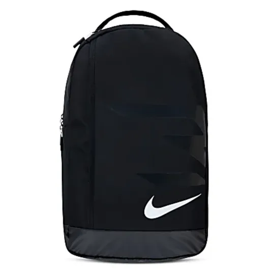 Black backpack with a white Nike logo, featuring a sleek, minimalistic design and a single top handle.