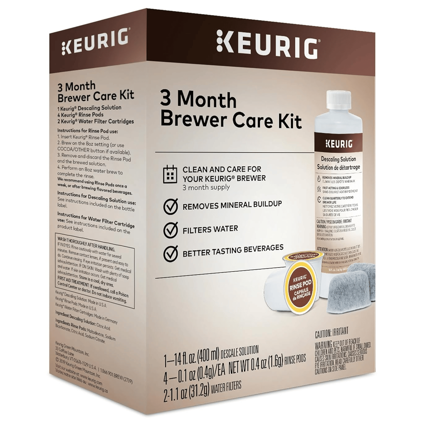 Keurig 3-Month Brewer Care Kit includes 1 descaling solution (14 fl oz), 4 rinse pods (0.1 oz each), and 2 water filters (1.1 oz each) to maintain and clean your brewer, remove mineral buildup, filter water, and enhance beverage taste.