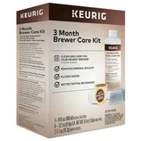 Keurig 3-Month Brewer Care Kit includes 1 descaling solution (14 fl oz), 4 rinse pods (0.1 oz each), and 2 water filters (1.1 oz each) to maintain and clean your brewer, remove mineral buildup, filter water, and enhance beverage taste.