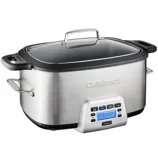 Cuisinart multi-cooker with a digital display, stainless steel exterior, and glass lid, featuring various cooking functions and handles on the sides.