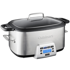 Cuisinart multi-cooker with a digital display, stainless steel exterior, and glass lid, featuring various cooking functions and handles on the sides.